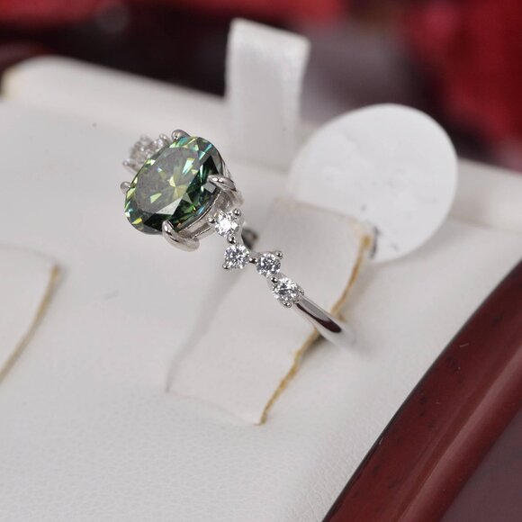 Certified 1.5ct Oval Cut Green Moissanite Engagement Ring - Picture 2 of 6